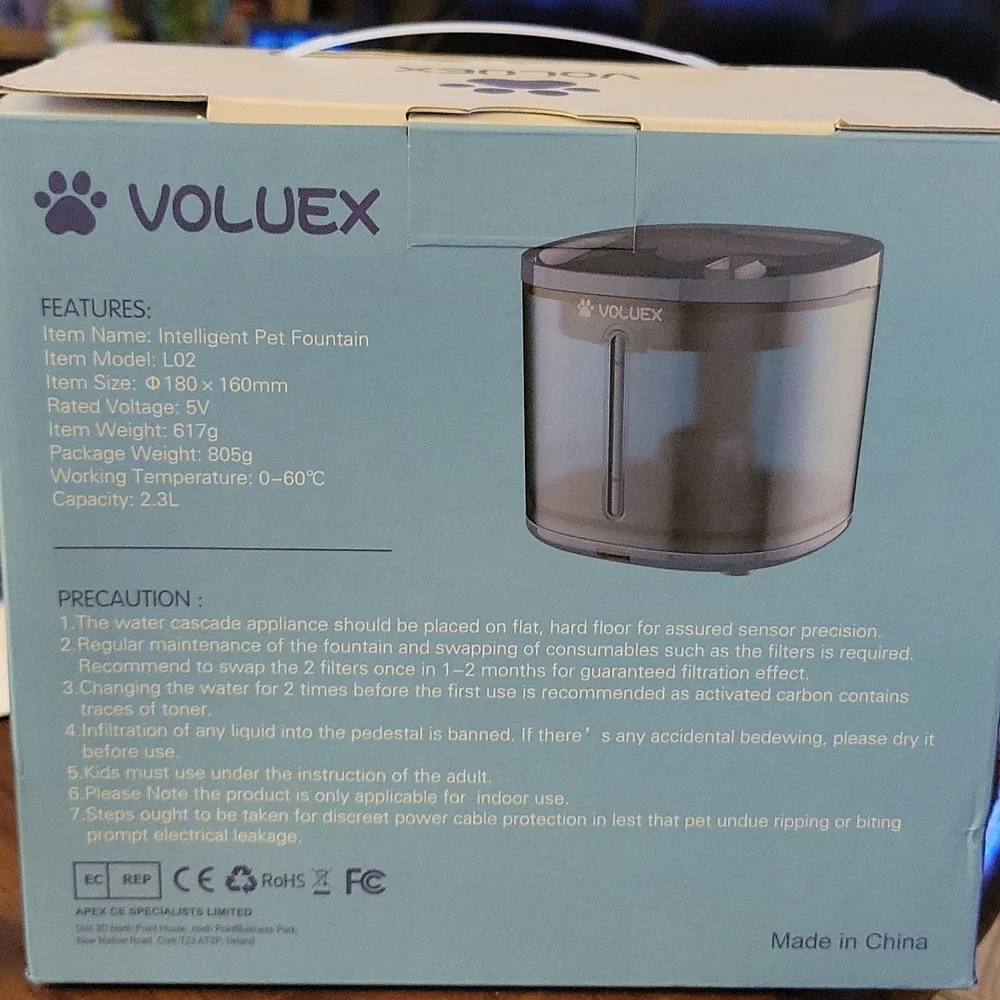 Voluex Intelligent Pet Fountain Electric Pump Filter Silent 2.3L New…